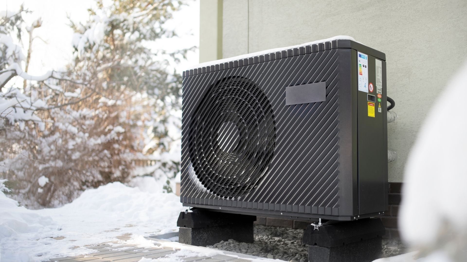 Modern black heat pump unit installed outside snowy house in winter